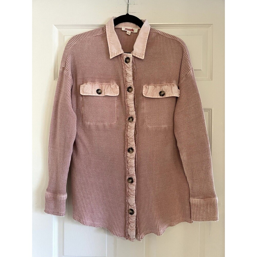 MAZIK Pink Waffle Knit Shacket Jacket Shirt Sz S NWOT Distressed Boho Oversized